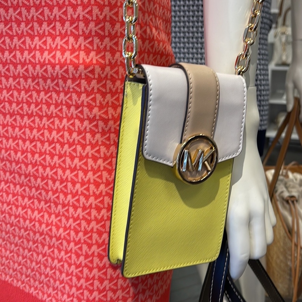 Michael Kors Carmen Small Color-Block Faux Leather Phone Crossbody Bag Sunshn - Picture 9 of 16